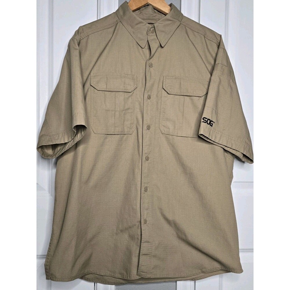 SOG Tactical Shirt Men L Short Sleeve Button Down Ripstop Workwear Flap Pocket